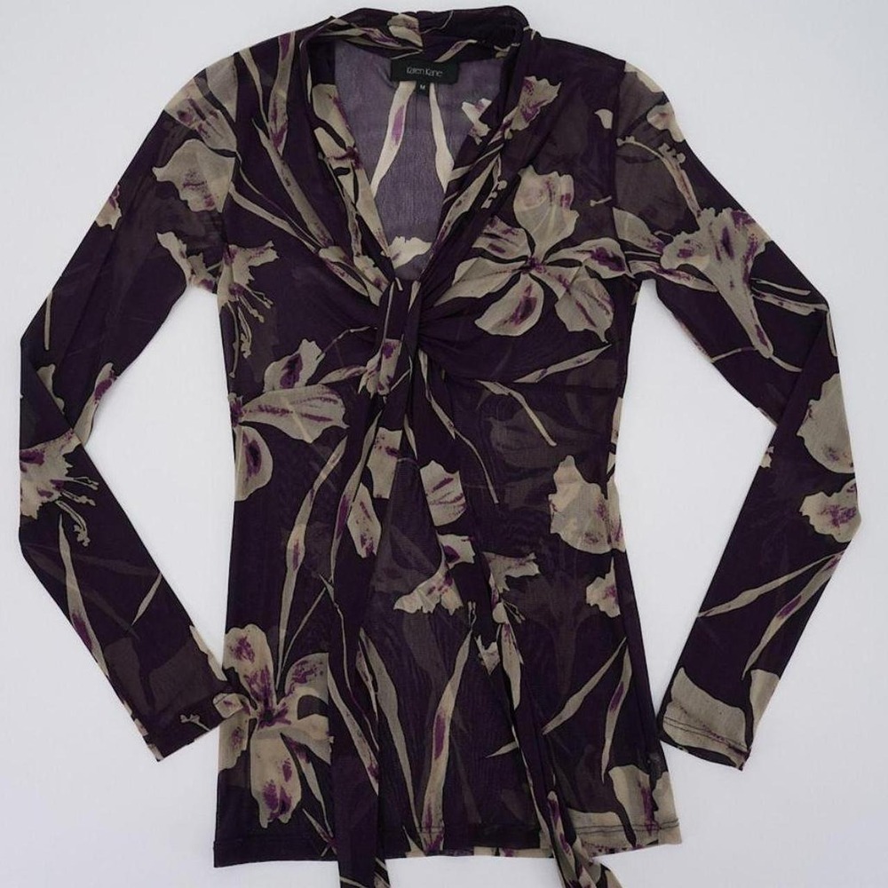 Vintage Y2K Karen Kane top in a sheer plum mesh with oversized florals